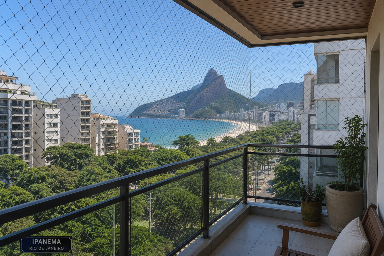 Telas de proteção ultra-discretas alinhadas à arquitetura do edifício em Ipanema