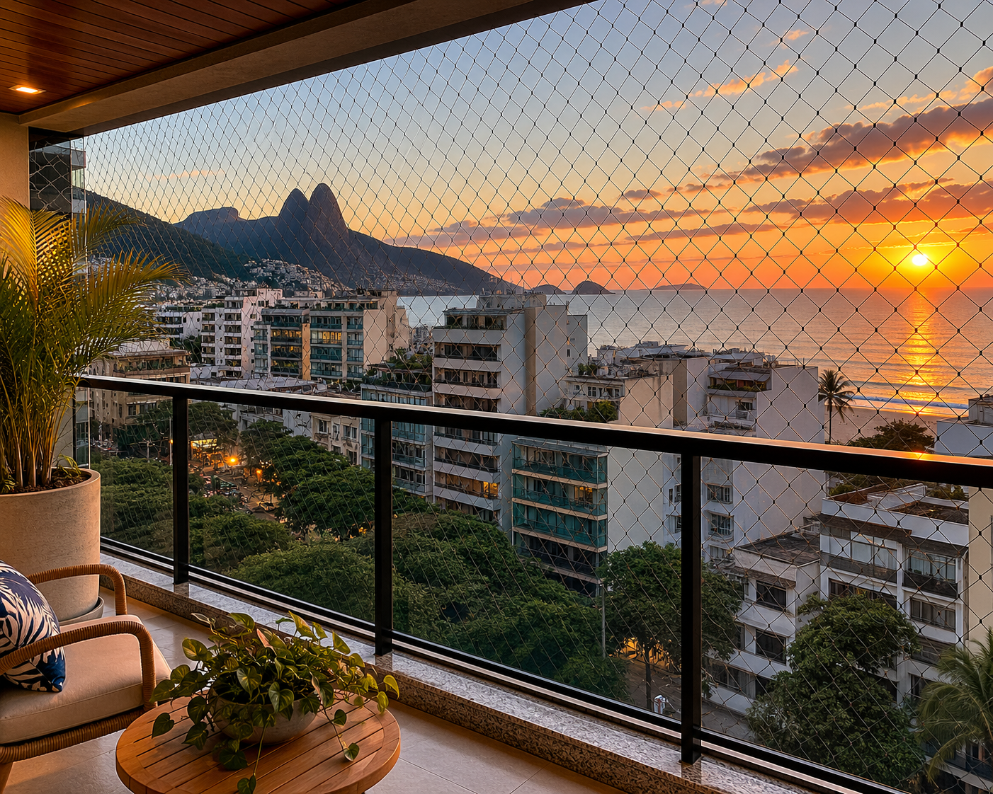 Rede de proteção instalada com acabamento impecável em varanda gourmet de apartamento em Ipanema