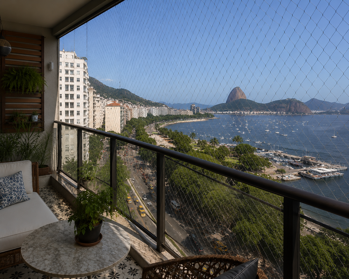 Rede de proteção instalada com precisão técnica em janela de edifício residencial no bairro da Glória, Rio de Janeiro